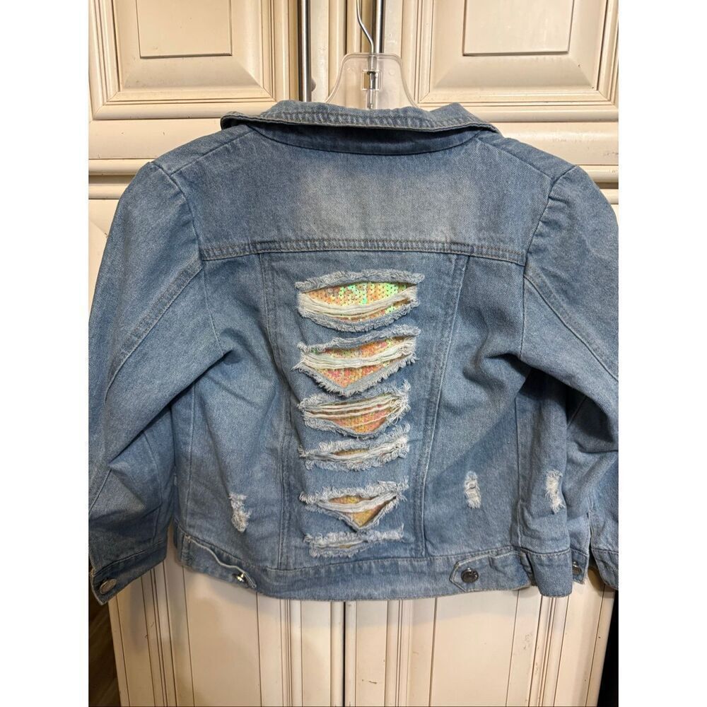 Tentree Girls Embellished Distressed Button Front Denim Jacket Blue Small